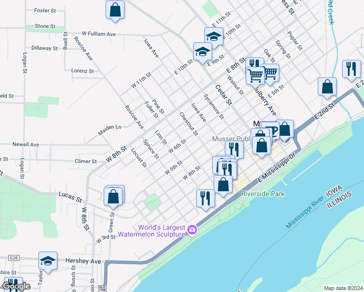 map of restaurants, bars, coffee shops, grocery stores, and more near 316 West 6th Street in Muscatine
