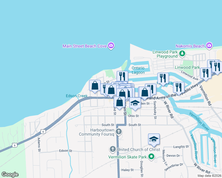 map of restaurants, bars, coffee shops, grocery stores, and more near Ferry Street in Vermilion