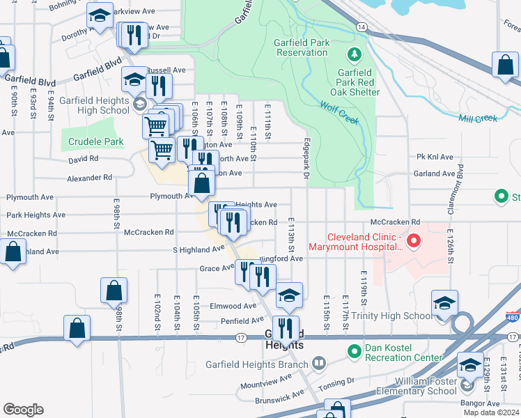map of restaurants, bars, coffee shops, grocery stores, and more near 11008 Park Heights Avenue in Garfield Heights