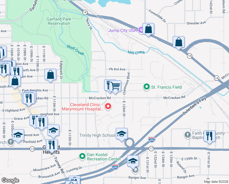 map of restaurants, bars, coffee shops, grocery stores, and more near 12332 Southern Avenue in Garfield Heights
