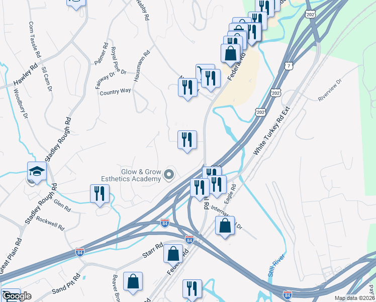map of restaurants, bars, coffee shops, grocery stores, and more near 110 Federal Road in Danbury