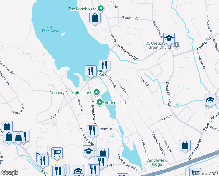 map of restaurants, bars, coffee shops, grocery stores, and more near 13 South Cove Road in Danbury