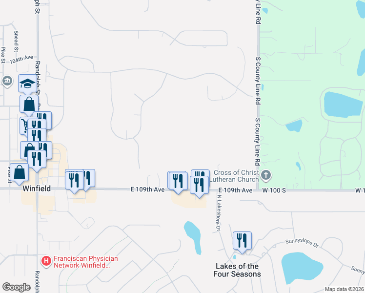 map of restaurants, bars, coffee shops, grocery stores, and more near 8910 East 109th Avenue in Crown Point