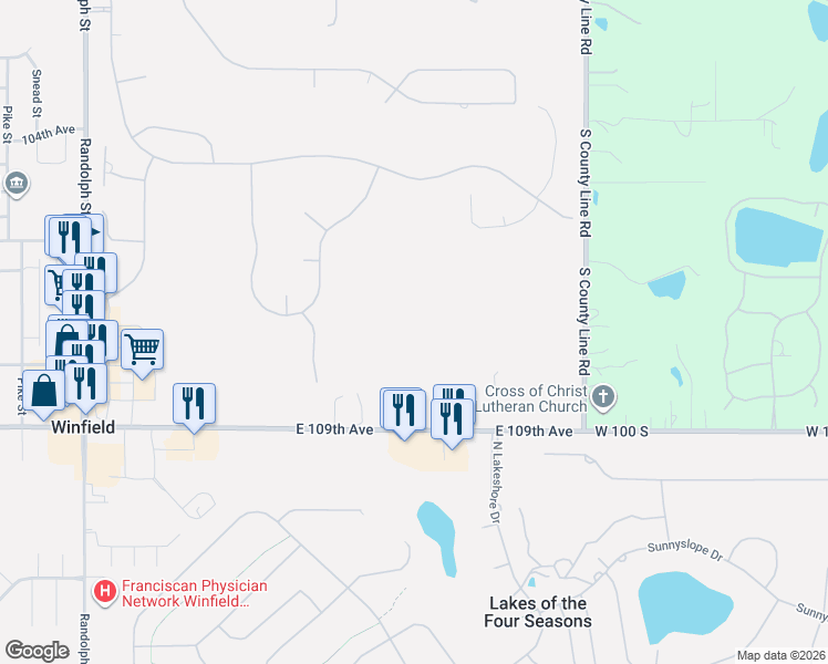 map of restaurants, bars, coffee shops, grocery stores, and more near 8910 East 109th Avenue in Crown Point