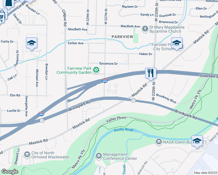 map of restaurants, bars, coffee shops, grocery stores, and more near 22545 Lenox Drive in Cleveland
