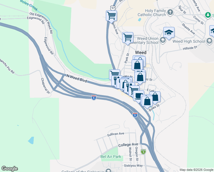 map of restaurants, bars, coffee shops, grocery stores, and more near 256 North Weed Boulevard in Weed