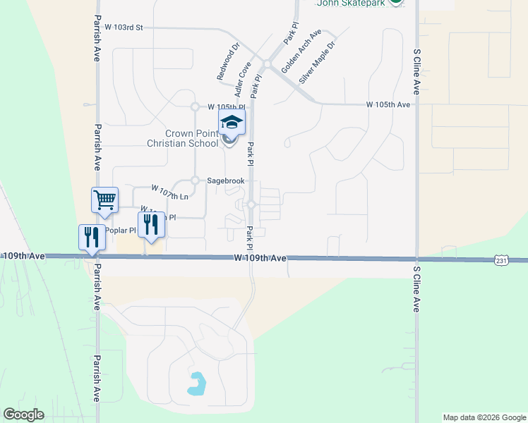 map of restaurants, bars, coffee shops, grocery stores, and more near 18001-18049 Park Pl in St John