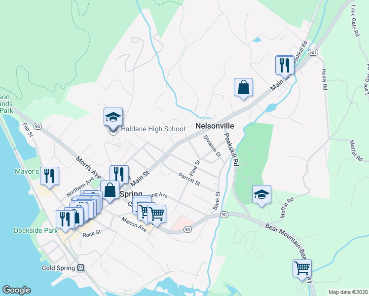 map of restaurants, bars, coffee shops, grocery stores, and more near 249 Main Street in Cold Spring