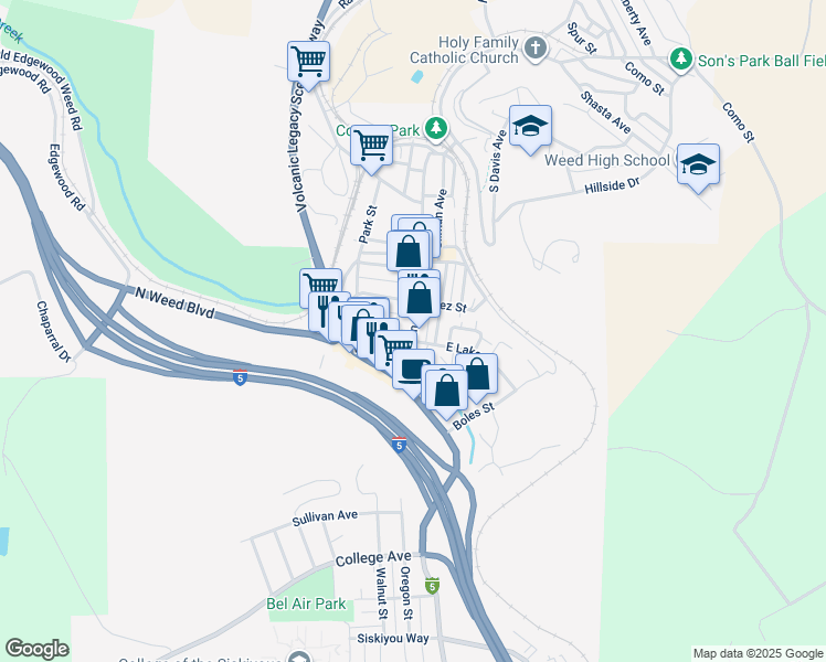 map of restaurants, bars, coffee shops, grocery stores, and more near 59 Main Street in Weed