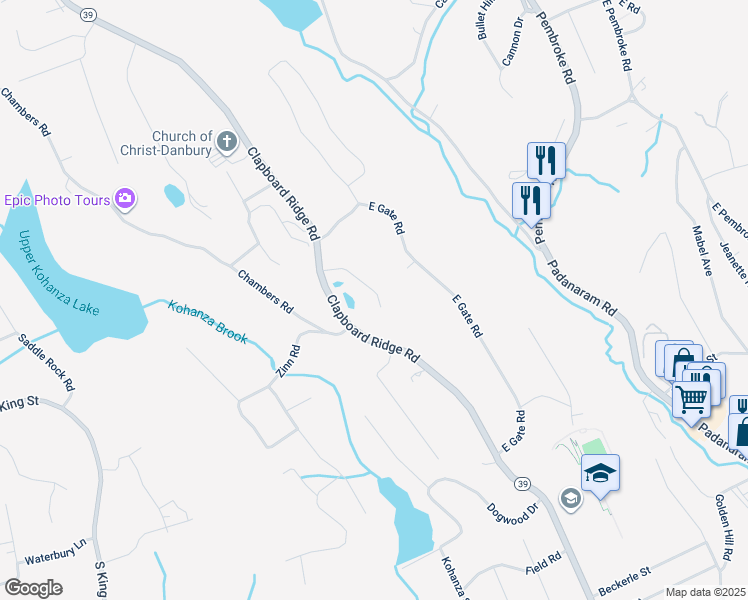 map of restaurants, bars, coffee shops, grocery stores, and more near in Danbury