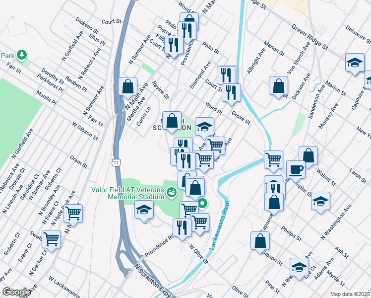 map of restaurants, bars, coffee shops, grocery stores, and more near 909 Albright Avenue in Scranton