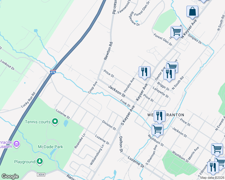 map of restaurants, bars, coffee shops, grocery stores, and more near 2656 Frink Street in Scranton