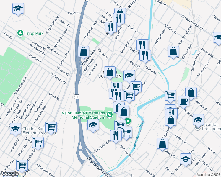 map of restaurants, bars, coffee shops, grocery stores, and more near 911 Providence Road in Scranton