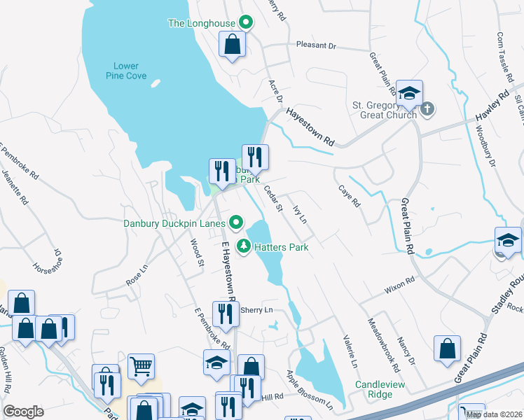 map of restaurants, bars, coffee shops, grocery stores, and more near 13 South Cove Road in Danbury