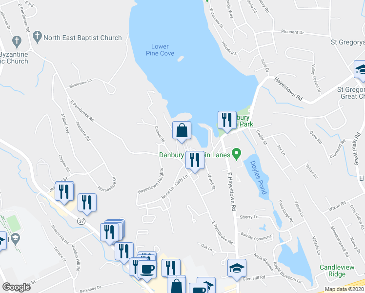 map of restaurants, bars, coffee shops, grocery stores, and more near 25 Reynolds Road in Danbury