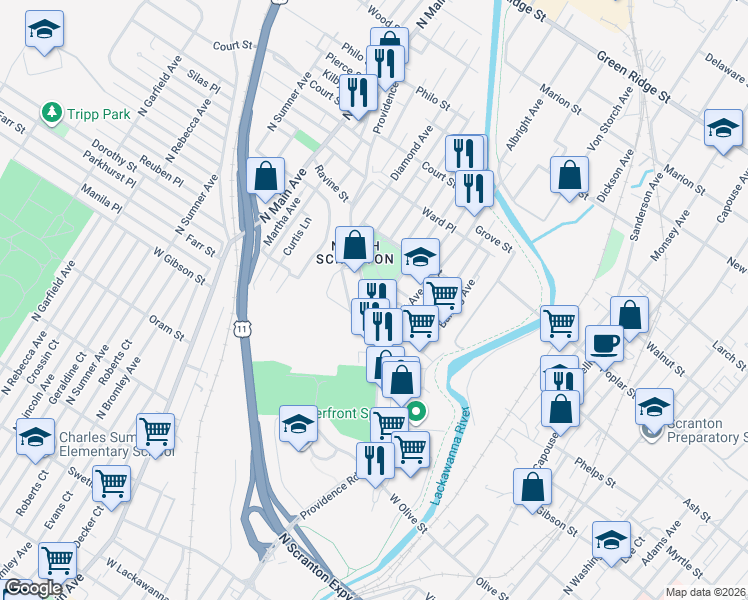 map of restaurants, bars, coffee shops, grocery stores, and more near 911 Providence Road in Scranton