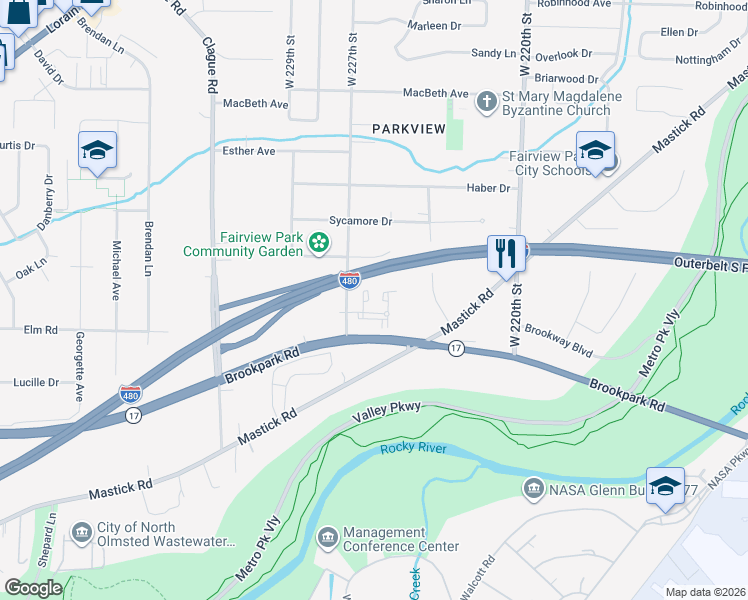 map of restaurants, bars, coffee shops, grocery stores, and more near 22545 Lenox Drive in Cleveland