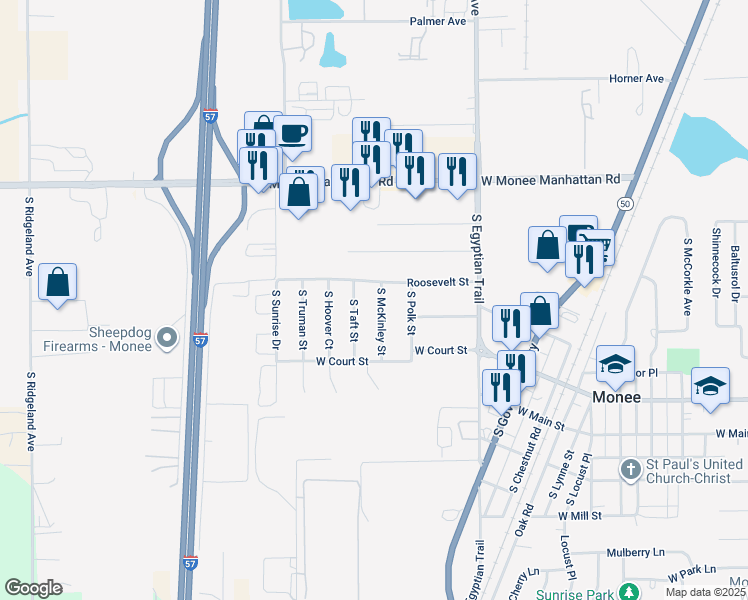 map of restaurants, bars, coffee shops, grocery stores, and more near 25720 South McKinley Street in Monee