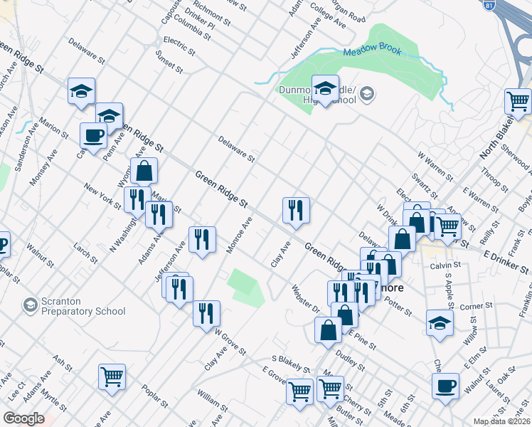 map of restaurants, bars, coffee shops, grocery stores, and more near 1537 Quincy Avenue in Dunmore