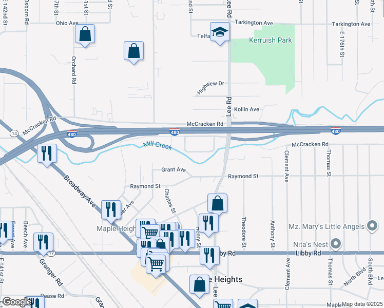 map of restaurants, bars, coffee shops, grocery stores, and more near 16112 Glenburn Avenue in Cleveland