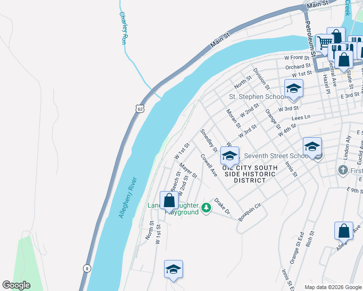 map of restaurants, bars, coffee shops, grocery stores, and more near 945 Beech St in Oil City
