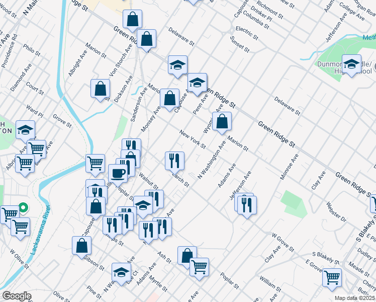 map of restaurants, bars, coffee shops, grocery stores, and more near 1342 Wyoming Avenue in Scranton
