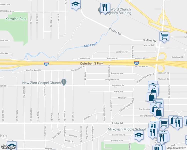 map of restaurants, bars, coffee shops, grocery stores, and more near 18914 Longview Avenue in Maple Heights