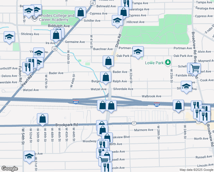 map of restaurants, bars, coffee shops, grocery stores, and more near 4837 State Road in Cleveland