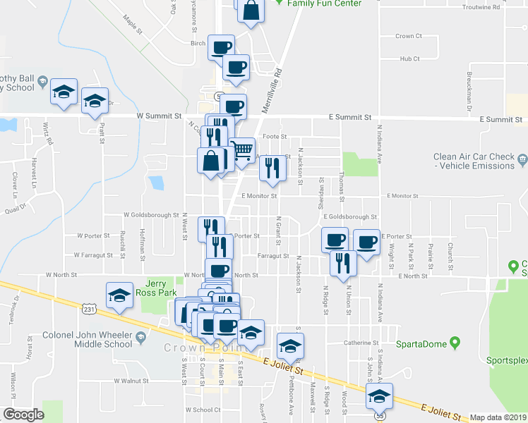 map of restaurants, bars, coffee shops, grocery stores, and more near 309 East Goldsborough Street in Crown Point