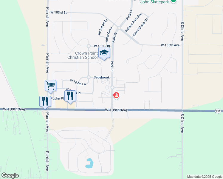 map of restaurants, bars, coffee shops, grocery stores, and more near 18001-18049 Park Pl in St John