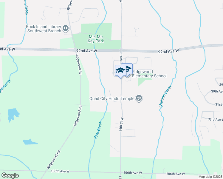 map of restaurants, bars, coffee shops, grocery stores, and more near 1421 98th Avenue Court West in Rock Island