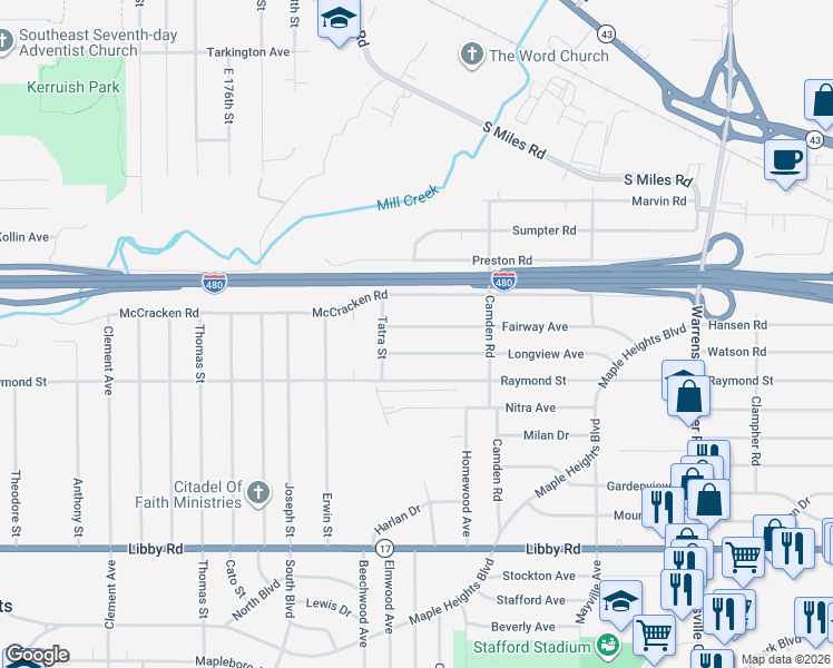 map of restaurants, bars, coffee shops, grocery stores, and more near 18914 Longview Avenue in Maple Heights