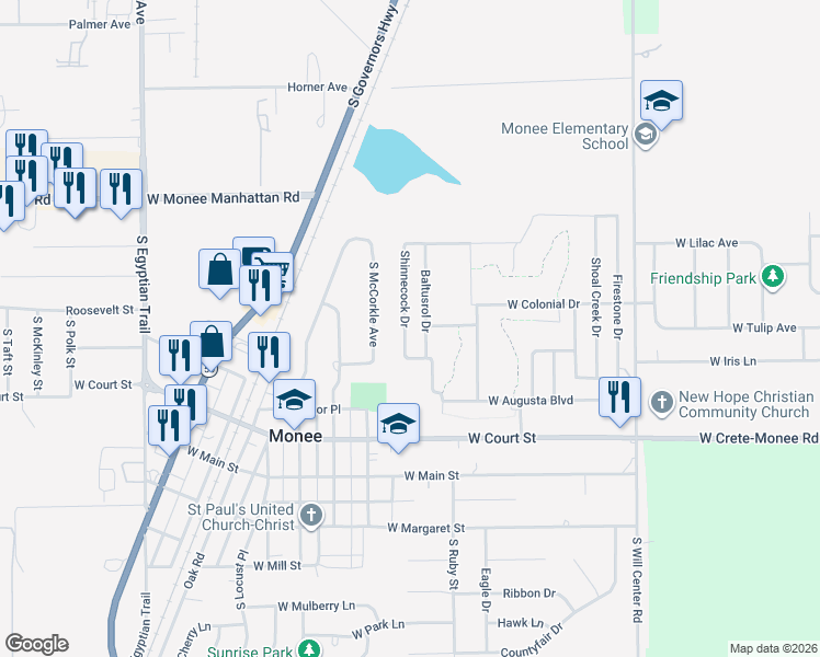 map of restaurants, bars, coffee shops, grocery stores, and more near 25741 South McCorkle Avenue in Monee