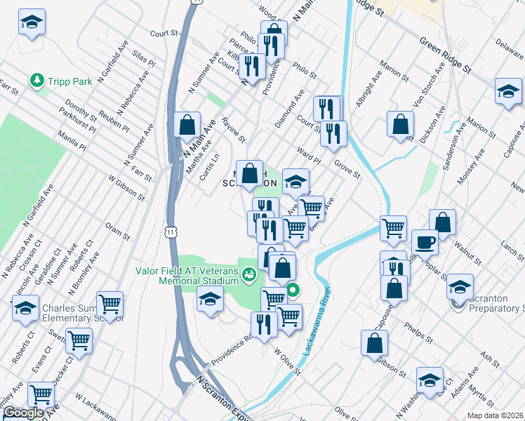 map of restaurants, bars, coffee shops, grocery stores, and more near 911 Providence Road in Scranton