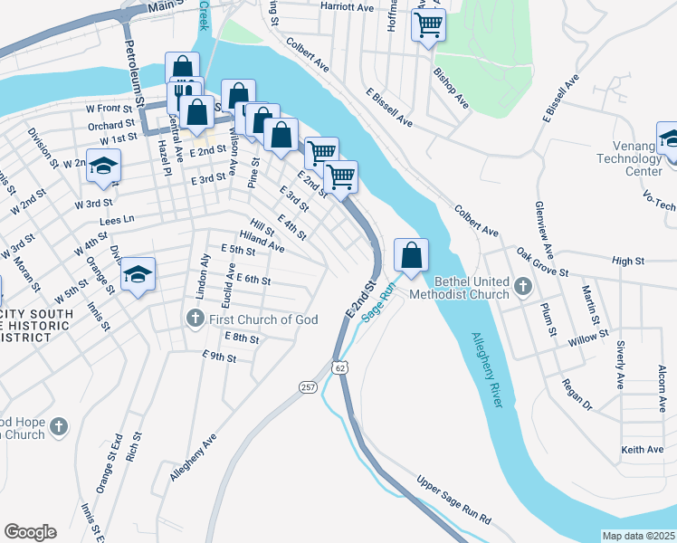 map of restaurants, bars, coffee shops, grocery stores, and more near 808 East 4th Street in Oil City