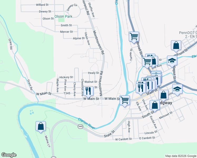 map of restaurants, bars, coffee shops, grocery stores, and more near 202 Ash Street in Ridgway