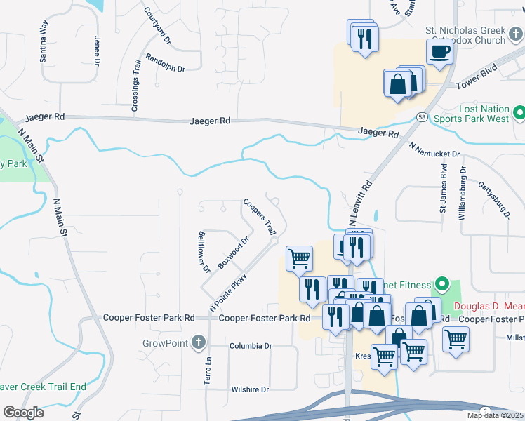 map of restaurants, bars, coffee shops, grocery stores, and more near 3356 Coopers Trail in Lorain