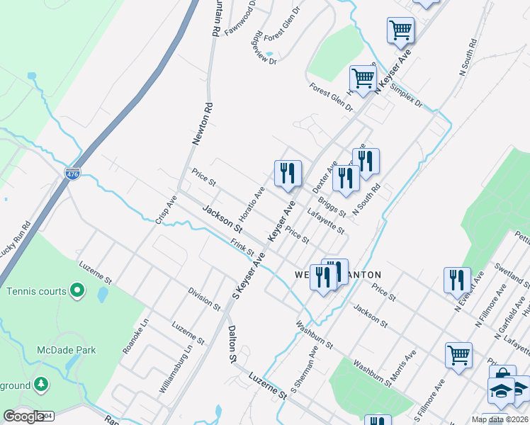 map of restaurants, bars, coffee shops, grocery stores, and more near 2615 Price Street in Scranton