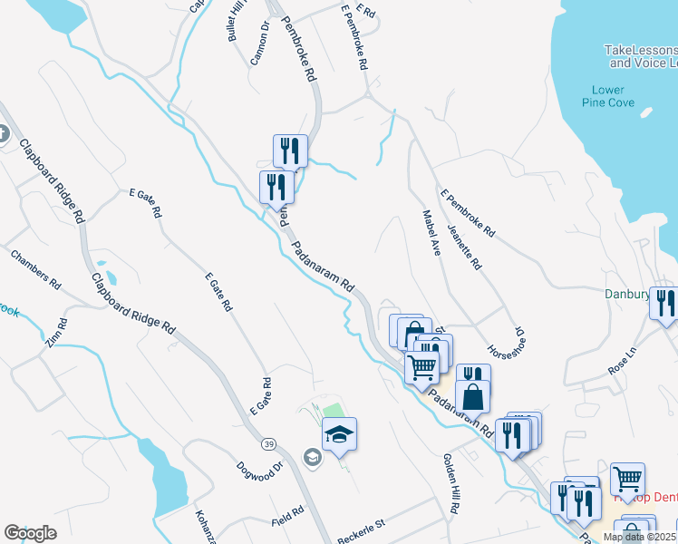 map of restaurants, bars, coffee shops, grocery stores, and more near 61 Padanaram Road in Danbury