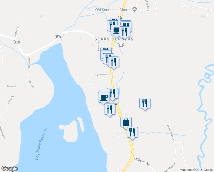 map of restaurants, bars, coffee shops, grocery stores, and more near 47 Overlook Lane in Brewster