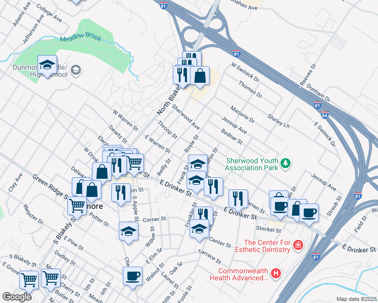 map of restaurants, bars, coffee shops, grocery stores, and more near 303 Throop Street in Dunmore