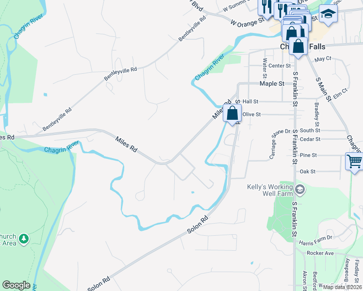 map of restaurants, bars, coffee shops, grocery stores, and more near 280 Miles Road in Chagrin Falls