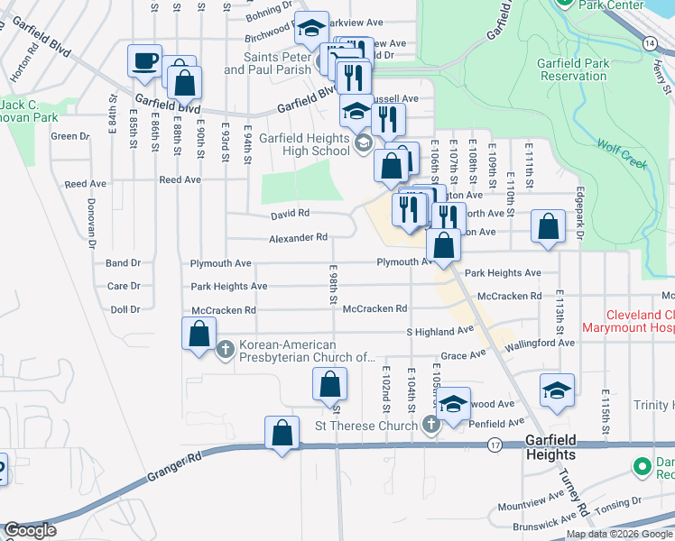 map of restaurants, bars, coffee shops, grocery stores, and more near 9727 Plymouth Avenue in Garfield Heights