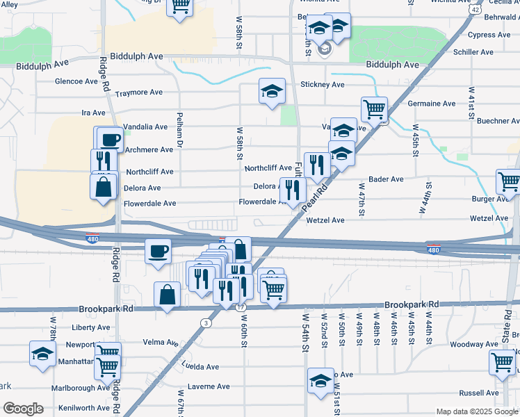 map of restaurants, bars, coffee shops, grocery stores, and more near 5701 Delora Avenue in Cleveland