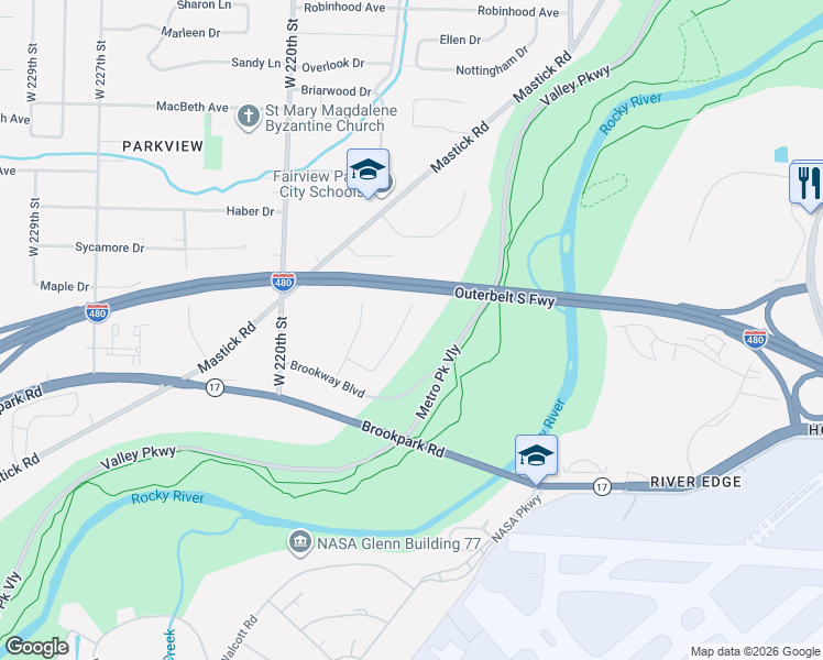 map of restaurants, bars, coffee shops, grocery stores, and more near 5851 Parkview Lane in Fairview Park