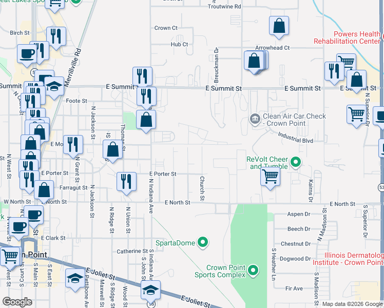 map of restaurants, bars, coffee shops, grocery stores, and more near 1100 East Monitor Street in Crown Point