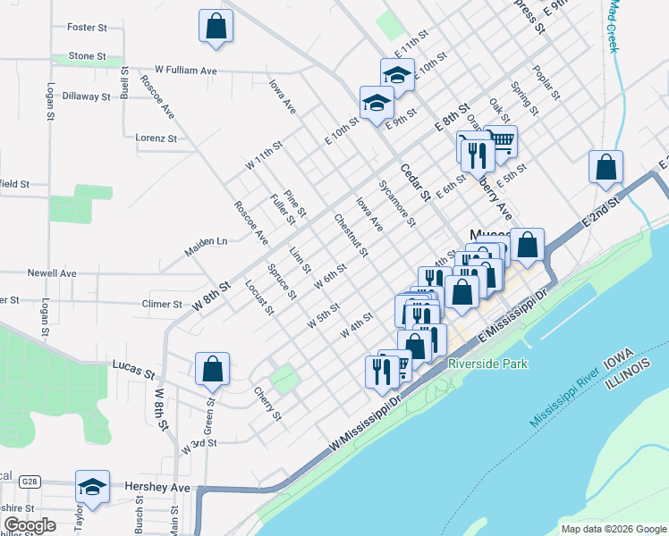 map of restaurants, bars, coffee shops, grocery stores, and more near 220 West 7th Street in Muscatine