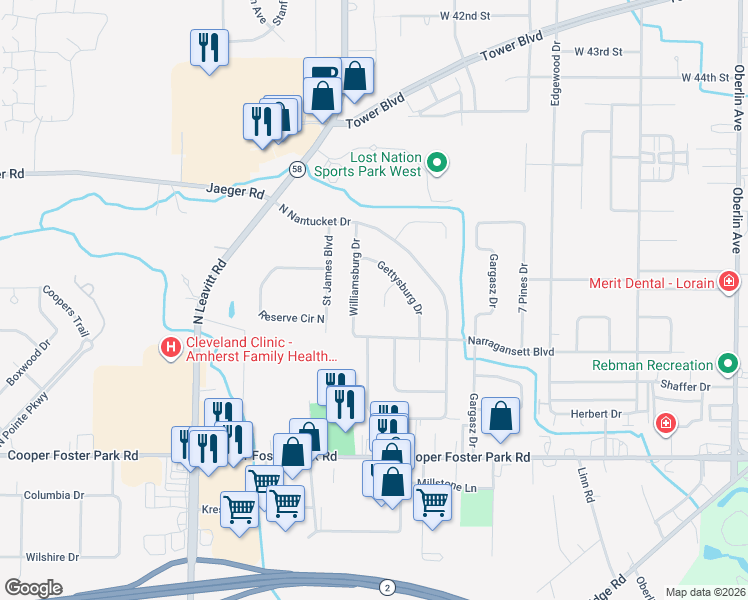 map of restaurants, bars, coffee shops, grocery stores, and more near 5213 Williamsburg Drive in Lorain