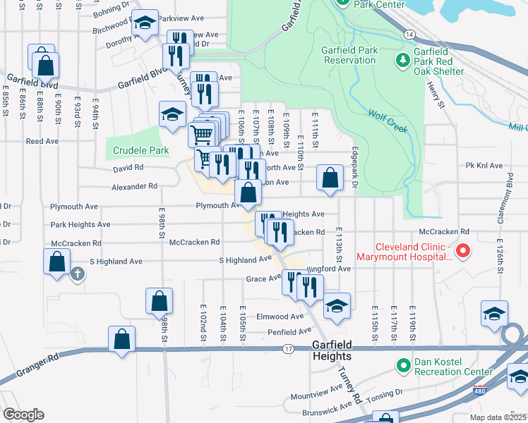 map of restaurants, bars, coffee shops, grocery stores, and more near 5045 Turney Road in Garfield Heights
