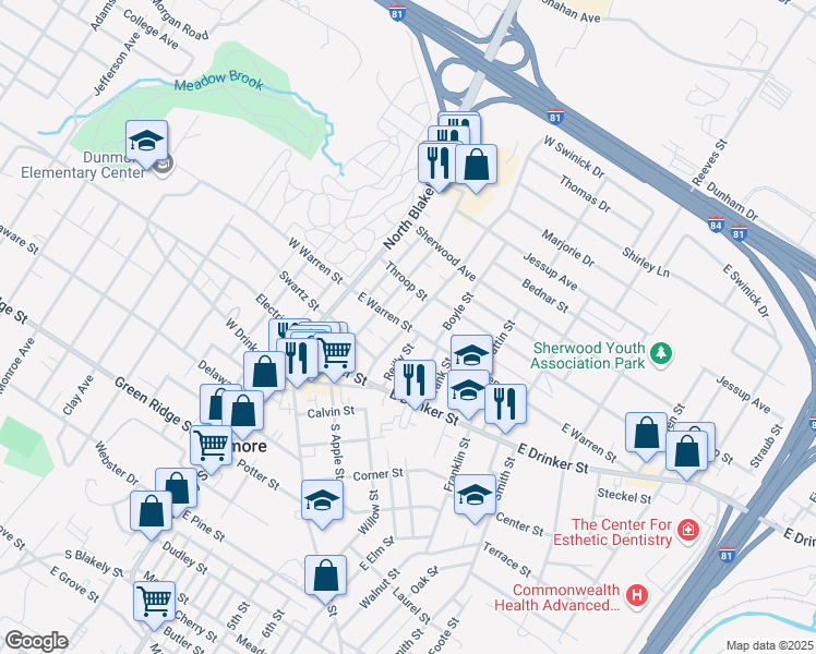 map of restaurants, bars, coffee shops, grocery stores, and more near 300 East Warren Street in Dunmore